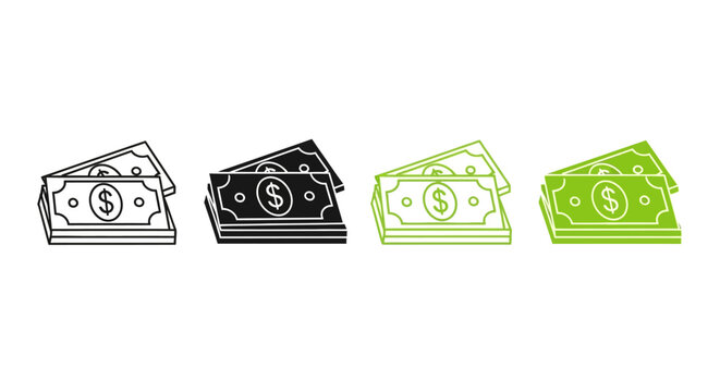 Money Icons Set - Stack of Cash, Financial Symbols, Currency Notes, Wealth and Investment Graphics