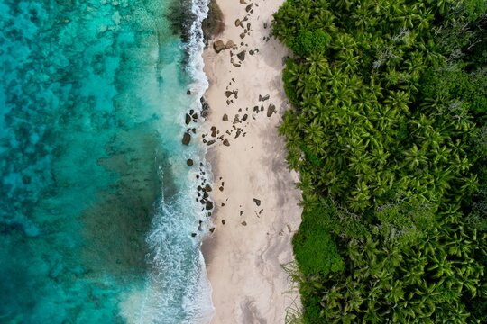 Drone view paradise beach Seychelles Anse Capucins