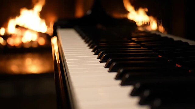 Closeup of Piano Keys Playing Soft Music in Cozy Fireplace Setting