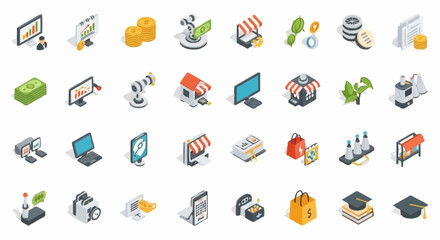 Fototapeta premium Collection of isometric icons representing business, finance, and technology concepts.