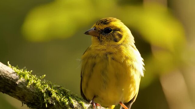 Bright Yellow Finch Perched on Branch Singing a Melodious Song