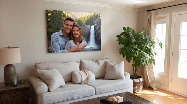 A brightly decorated modern living room featuring a large family portrait that highlights a peaceful natural waterfall scene