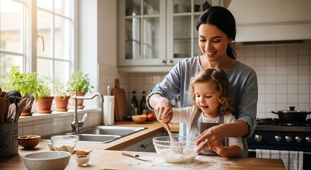 Fototapeta premium Smiling Mother and Child Mixing Batter in Bright Kitchen
