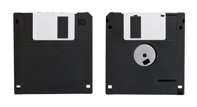  Black 3.5-inch floppy disk isolated on white background, retro tech. 