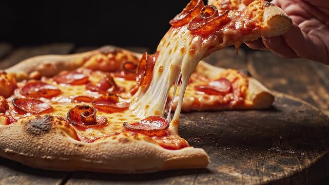 Pepperoni Pizza Cheese Pull Slow Motion Crispy Pepperoni Mozzarella Stretch Close-Up 4K