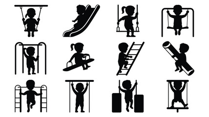 Obraz premium Children playing on swings slides and ladders in a clean vector illustration set featuring silhouettes