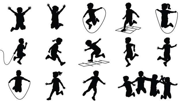 Children joyfully jumping rope and playing on grid background in minimalist black silhouette style dynamic poses energetic movement clean graphic design 3x4 layout vector