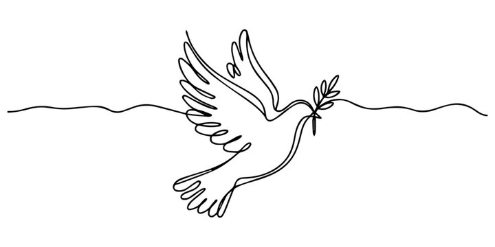 Continuous one line drawing of a flying dove bird with an olive branch, symbolizing peace, freedom, minimalist vector art design, minimalist dove line art holding olive branch symbolizing peace style.