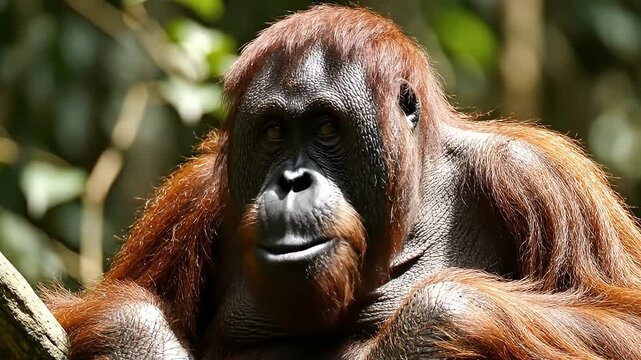 Thoughtful Orangutan Portrait in Lush Tropical Forest Habitat