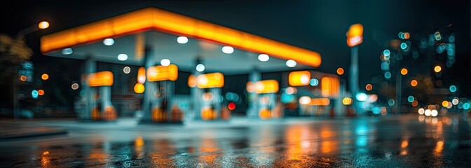 Obraz premium Blurred night scene of a gas station with colorful reflections on a wet urban street