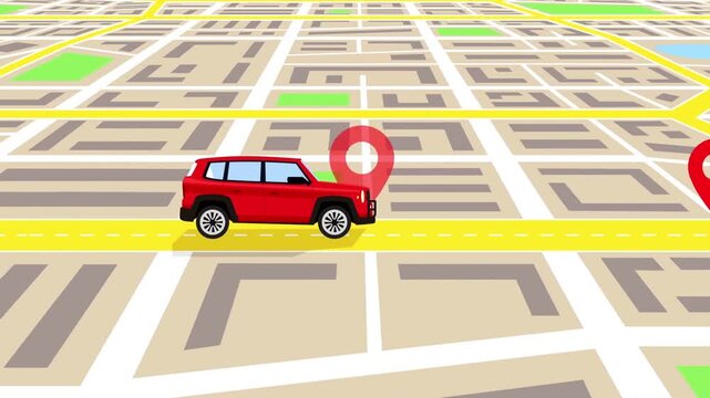 Red SUV driving on a city map with GPS location pin