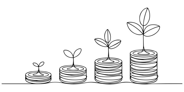 tep of coins stacks continuous one line drawing, Continuous One Line Drawing of Growing Stack of Coins with Sprout Finance and Investment Growth, Stacks of coins with plant sprouts on continuous line.