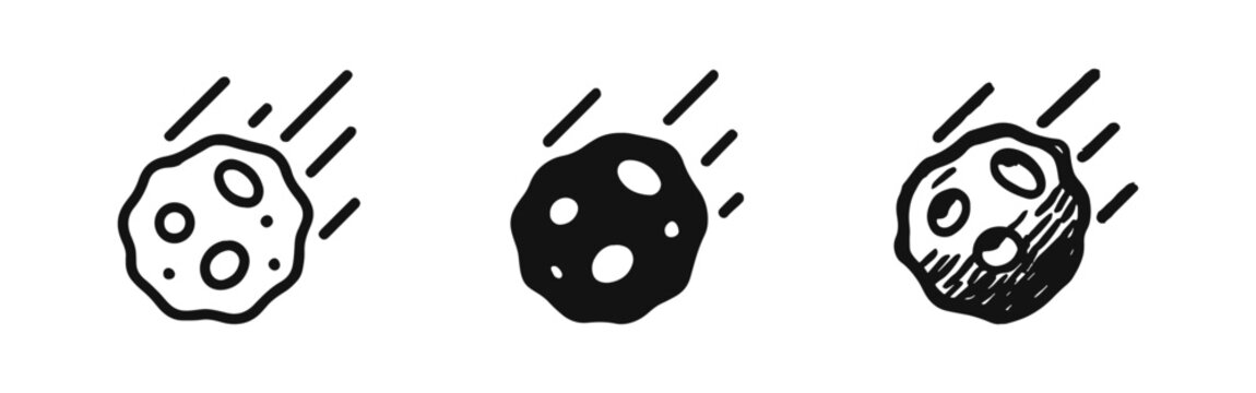 Falling Meteor Asteroid Icon Set - Space and Cosmic Impact Symbols in Outline, Solid, and Hand-Drawn Styles