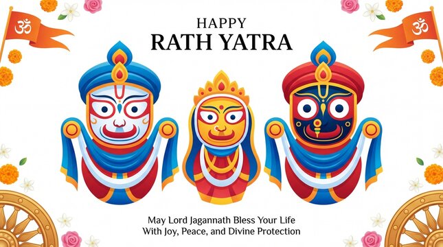 Rath Yatra Illustration: A vibrant illustration for the annual chariot festival, celebrating the divine journey and cultural heritage with joyful icons and traditional motifs. 