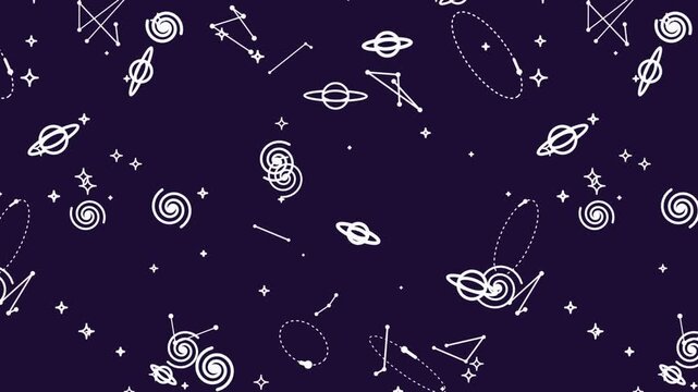 Seamless pattern with space elements, planets, stars, galaxies and constellations on a dark blue background