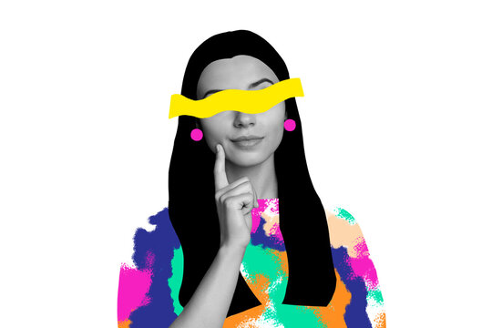Creative collage picture young thoughtful woman decide think minded guess hmm eyes vision censorship discrimination drawing background