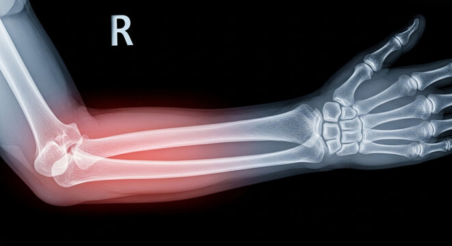 X-ray image of a right forearm and wrist showing bone alignment and structure