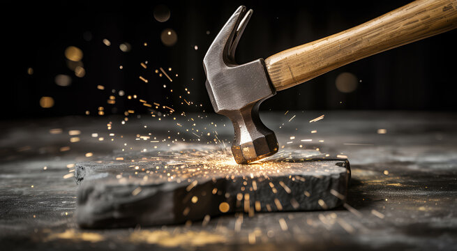 Metal hammer hitting a dark stone block creating bright golden sparks on a dark grey background
