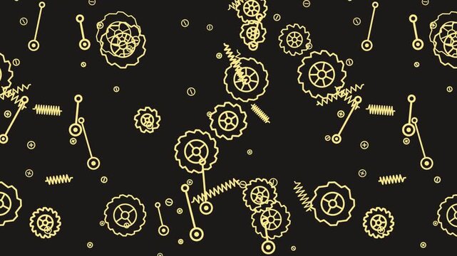 Seamless pattern with mechanical gears, springs, and abstract electronic symbols on a dark background