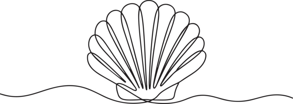 Continuous line drawing of scallop shellfish. Hand drawn One line of shell. One line draw graphic design vector