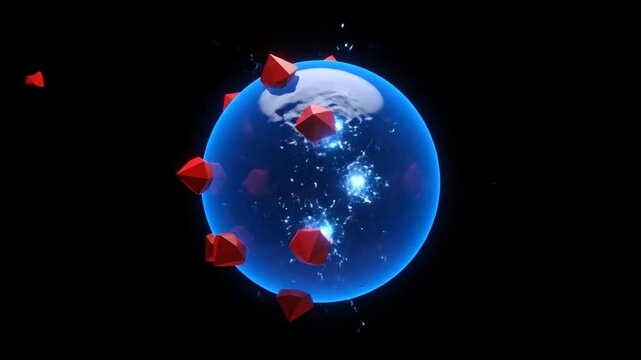 Abstract 3D animation of a blue sphere being bombarded by red geometric shapes, symbolizing impact and transformation.
