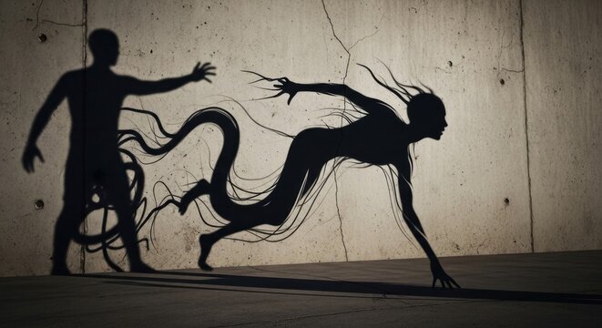 Eerie creature shadow emerging from a male silhouette on wall