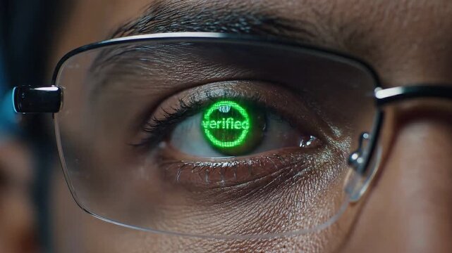 Data Protection multi factor concepts. Focused male eye looking through glasses reflecting glowing digital grid network for advanced data multi factor protection and futuristic cybersecurity