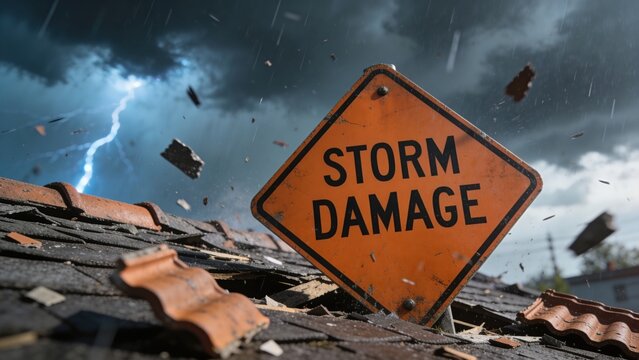 Storm damage concept with strong wind causing roof destruction, debris flying and extreme weather impact, natural disaster, insurance risk and property damage, climate crisis theme