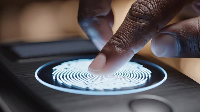 Data Protection multi factor concepts. Confident person using glowing biometric fingerprint scanner on digital screen for advanced secure data protection in multi factor authentication access