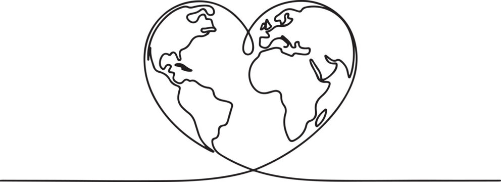 Earth globe continuous line drawing of the heart shape. Love world map one line art