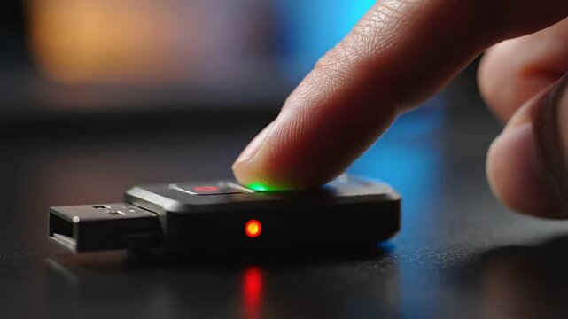 Data Protection multi factor concepts. Confident person pressing biometric fingerprint scanner on hardware security key for data protection using multi factor system preventing unauthorized access