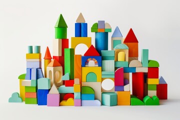 Obraz premium colorful wooden building blocks castle arrangement playful toy construction isolated on white background creative design