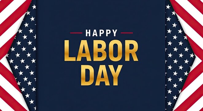 Festive happy labor day greeting with american flag background and golden lettering