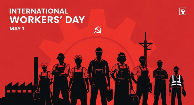 International workers' day may 1st laborers standing united in solidarity with industrial background