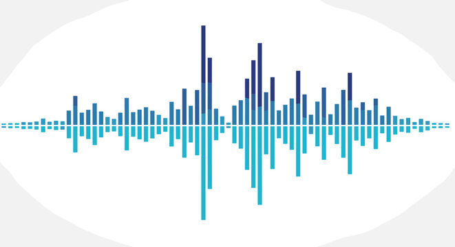 Digital audio wave visualization with blue and teal bars represents sound frequency and music equalizer data.