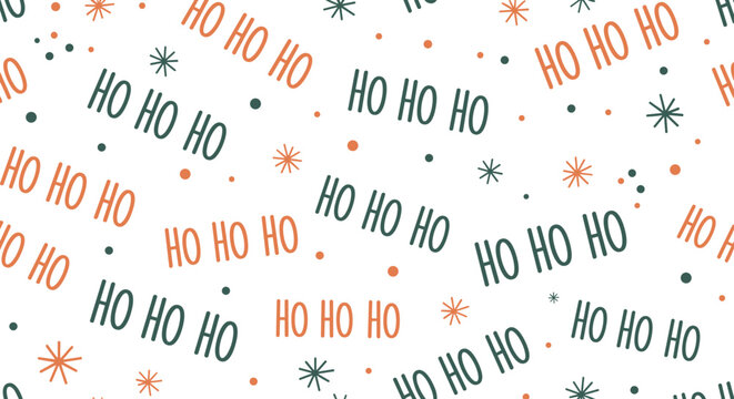 Playful Christmas seamless pattern contains repeating HO HO HO text and minimalist stars or snowflakes on a clean white background for winter.