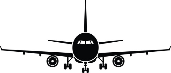 Front view silhouette of commercial airplane with engines, wings, landing gear, and tail fin, showcasing aviation design, aircraft structure, and aerodynamic balance © Rakib 