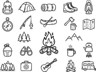 Fototapeta premium Set of Hand Drawn Camping and Hiking Icons