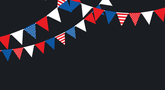 Festive background with strings of triangular bunting flags decorated with American flag patterns on a dark backdrop.