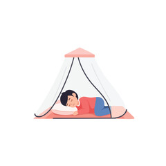 Obraz premium Person sleeping peacefully inside a mosquito net tent.