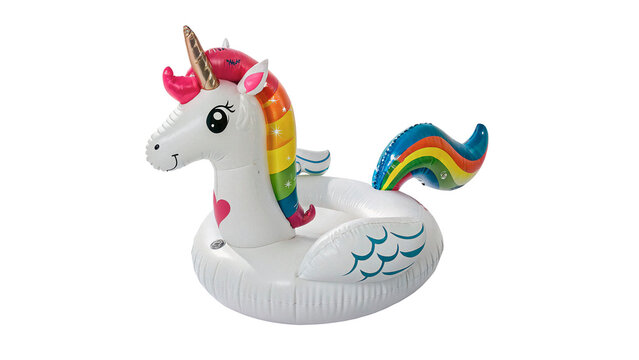Colorful inflatable unicorn pool float for summer fun isolated on transparent background cut out