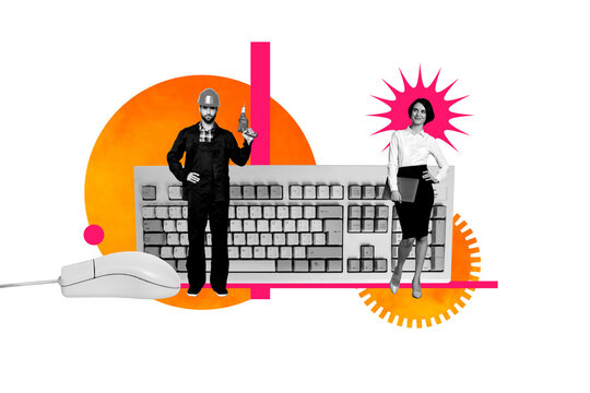 Composite art 3d creative image collage of happy girl office worker repairman wear boiler-suit helmet hold drill stand keypad mouse