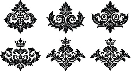 Obraz premium Six ornate symmetrical black decorative motifs with floral scroll crown elements arranged in two rows elegant vintage baroque damask ornamental illustration