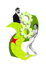 Obraz premium Vertical photo collage of two business partners boss guy employee girl hold gears promotion path aim progress isolated on painted background