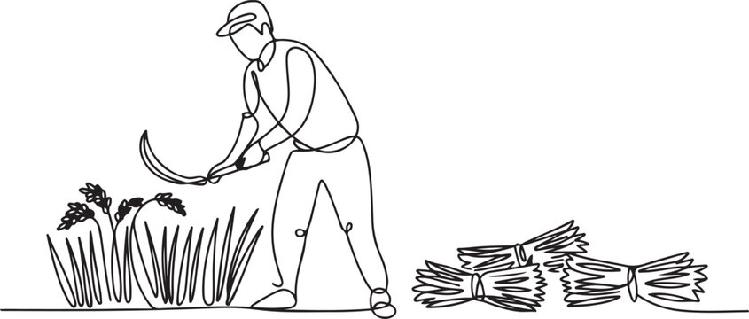 Single one line drawing of young male farmer was harvesting rice and there was also rice that had been tied up. Farming challenge minimal concept. One line draw graphic design vector