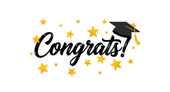 Celebration graduation card design featuring the text congrats in script font with a black mortarboard cap and golden yellow stars on white.