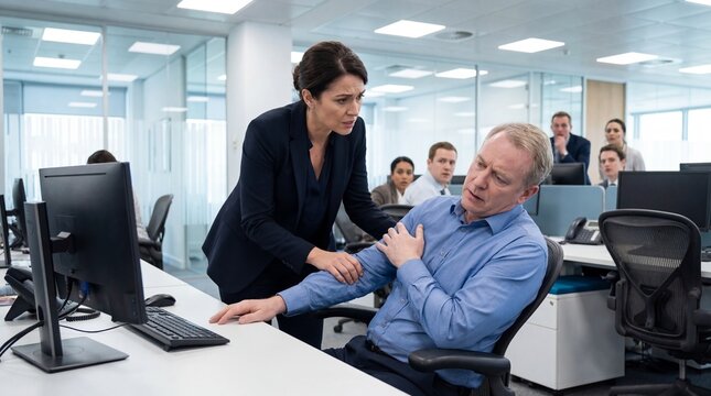 caucasian man having heart attack at office desk. concerned female colleague helping sick mature male worker clutching chest in pain. workplace medical emergency concept. banner, website header.