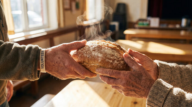 closeup of volunteer hands passing steaming loaf of fresh bread to elderly person. sharing and basic needs concept. charity, food donation, kindness. social support, help, relief.