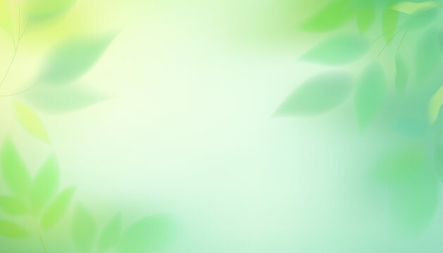 A soft spring green gradient background with turquoise and yellow hues and blurred green leaves.Mesh texture, softly blurred leaves and a natural glow. Botanical vector background for seasonal designs