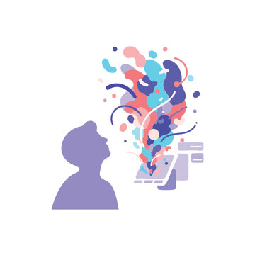 Person with colorful abstract ideas exploding from head.